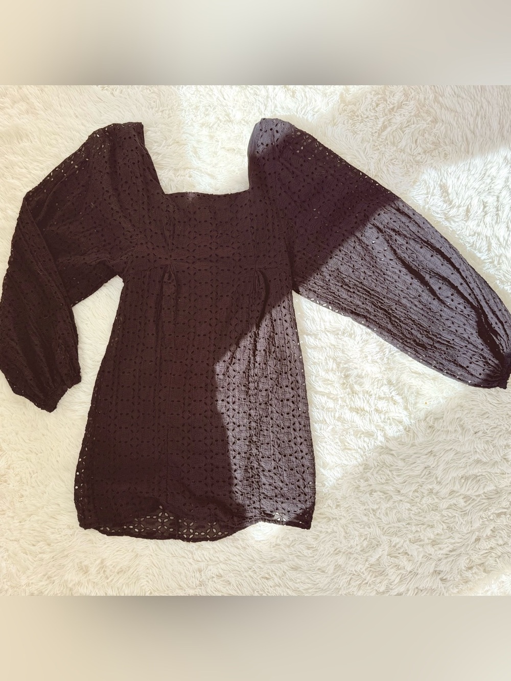 Free People Black Eyelet Mini Dress w/ Bell puffy sleeves, XS